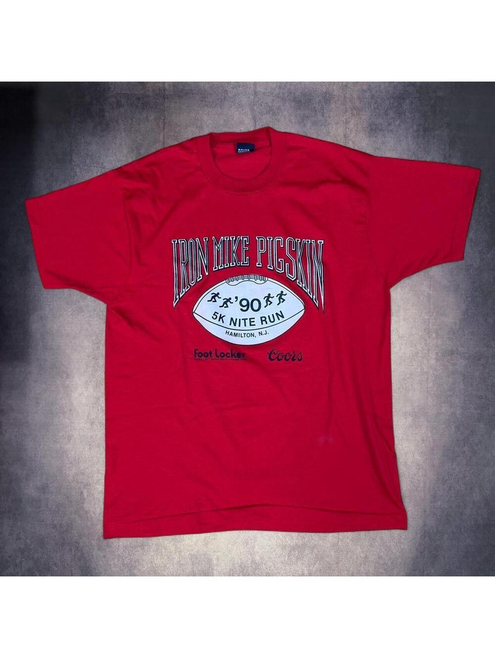 Red vintage 90s Iron Mike Pigskin 5k Run t-shirt